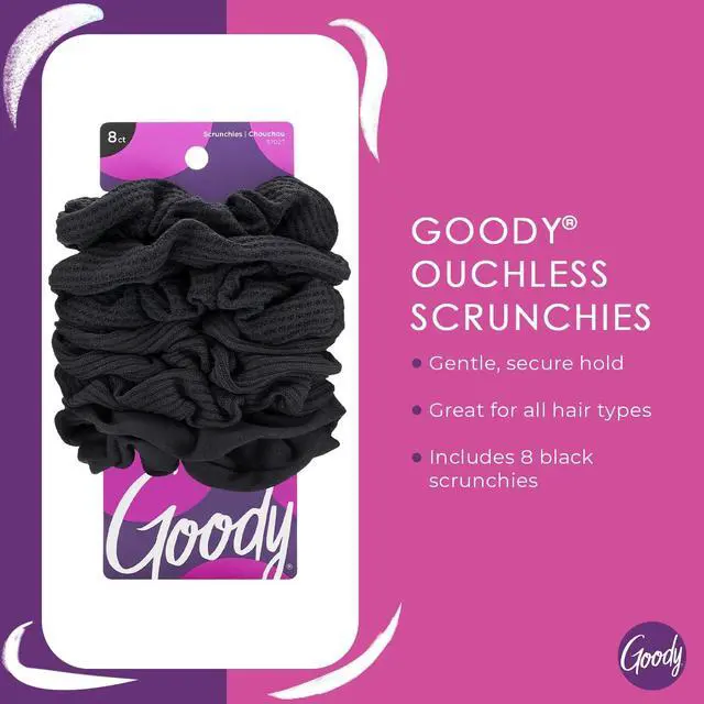 Alt view image 3 of 7 - Goody Ouchless Jersey Scrunchies, 8 Ct, Black, Damage-Free, Dentless & Secure Hold Ties, Gentle Hair Accessories for Women & Men, All Day Comfort, All Hair Types