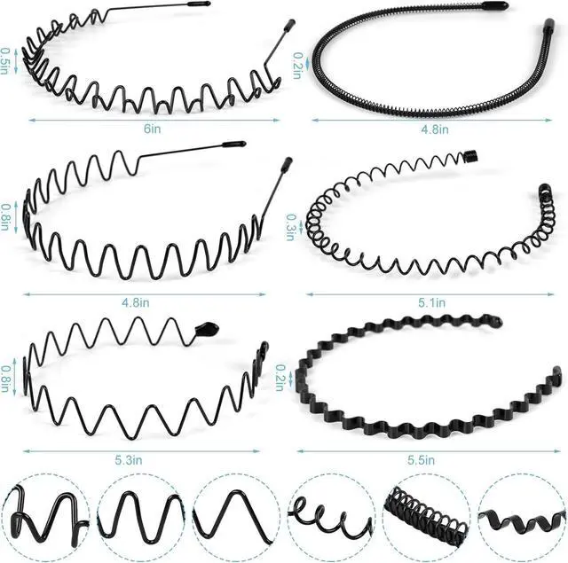 Alt view image 2 of 7 - 6PCS Metal Hair Bands, Spring Wavy Hoop Unisex Black Headband Slicked Back Non Slip Sports Hairband for Women Men