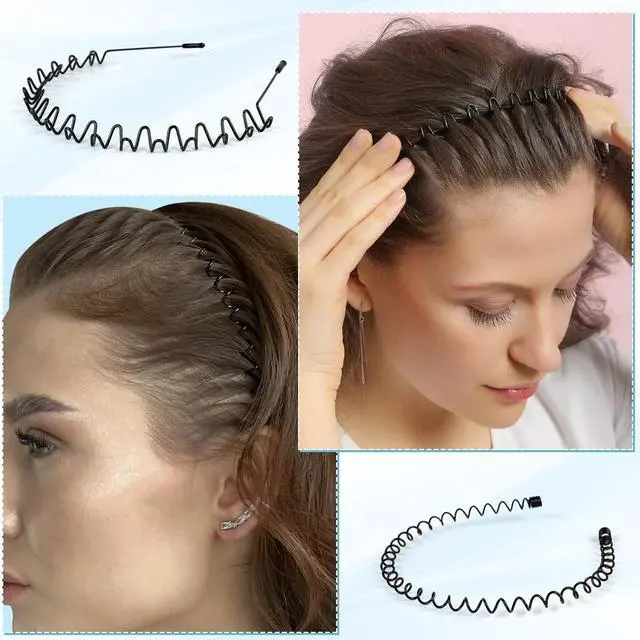 Alt view image 4 of 7 - 6PCS Metal Hair Bands, Spring Wavy Hoop Unisex Black Headband Slicked Back Non Slip Sports Hairband for Women Men