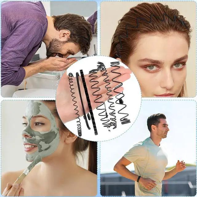 Alt view image 5 of 7 - 6PCS Metal Hair Bands, Spring Wavy Hoop Unisex Black Headband Slicked Back Non Slip Sports Hairband for Women Men