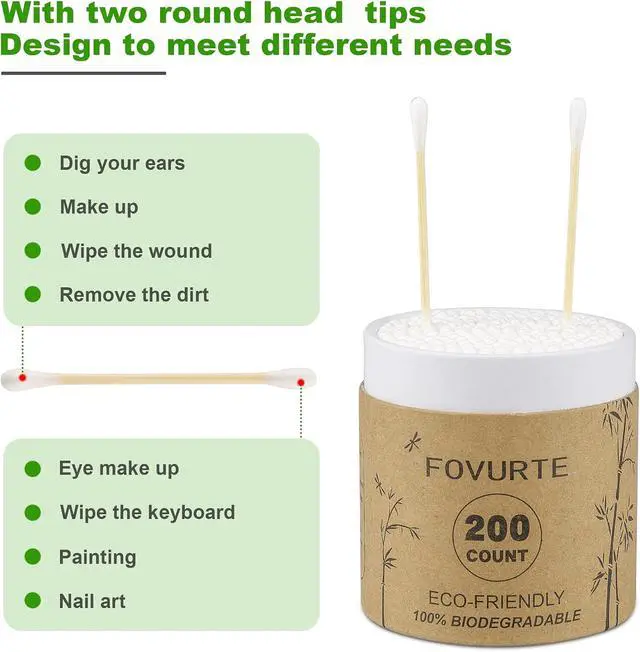 Alt view image 3 of 7 - Bamboo Cotton Swabs 400 count, Organic Cotton Swab Round Tips, Natural Wooden Cotton Buds for Ears, Double Heads Ear Sticks Travel, Makeup Remover