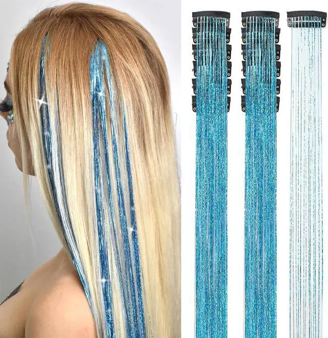 Main image of Hair Tinsel 12 Pcs Clip in Hair Tinsel Kit 20.5 Inch Glitter Shiny Sparkly Fairy Tinsel Hair Extensions Heat Resistant Party Festival Accessories for Women (Sky blue)