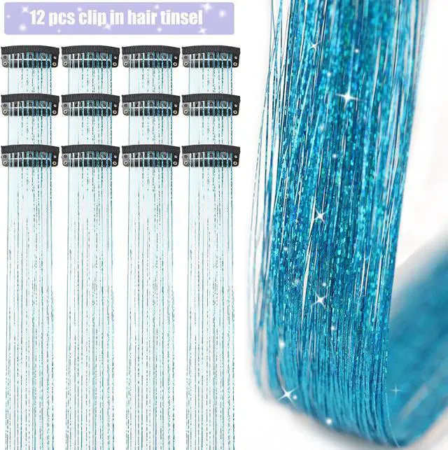 Alt view image 2 of 6 - Hair Tinsel 12 Pcs Clip in Hair Tinsel Kit 20.5 Inch Glitter Shiny Sparkly Fairy Tinsel Hair Extensions Heat Resistant Party Festival Accessories for Women (Sky blue)