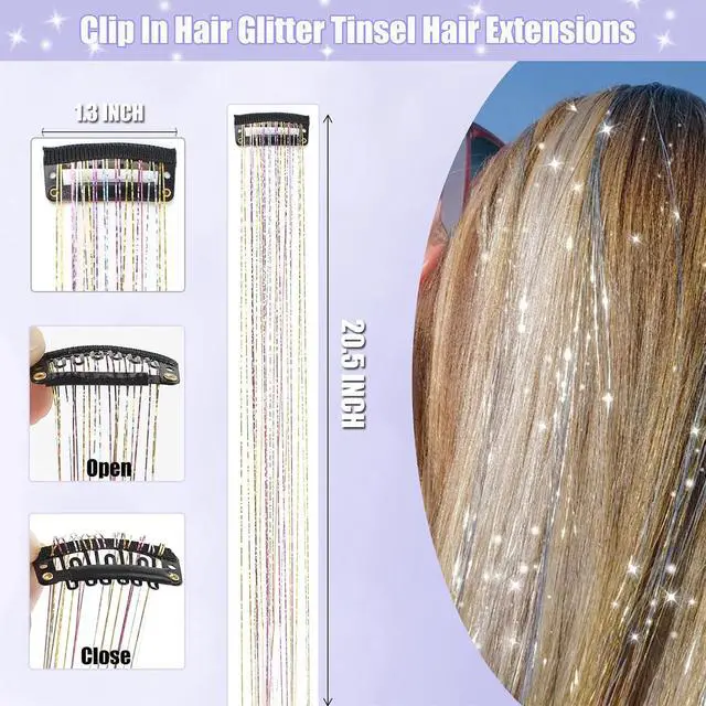 Alt view image 3 of 6 - Hair Tinsel 12 Pcs Clip in Hair Tinsel Kit 20.5 Inch Glitter Shiny Sparkly Fairy Tinsel Hair Extensions Heat Resistant Party Festival Accessories for Women (Sky blue)