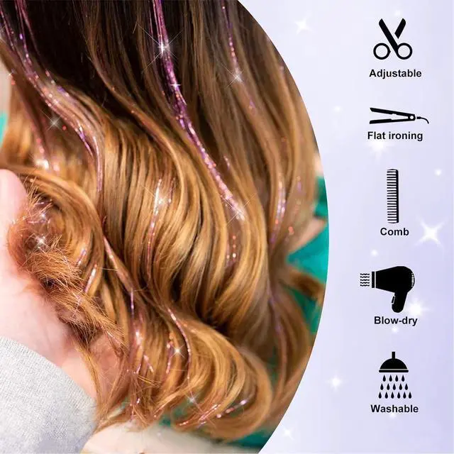 Alt view image 4 of 6 - Hair Tinsel 12 Pcs Clip in Hair Tinsel Kit 20.5 Inch Glitter Shiny Sparkly Fairy Tinsel Hair Extensions Heat Resistant Party Festival Accessories for Women (Sky blue)