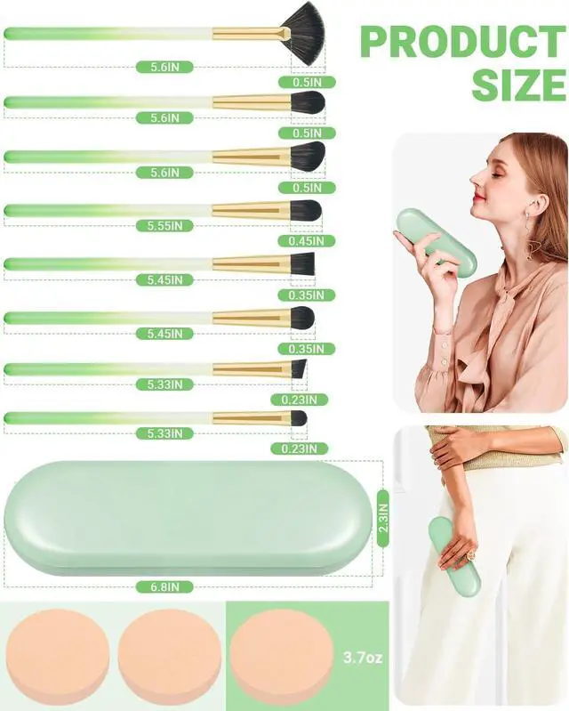 Alt view image 4 of 7 - Eye Makeup Brush Set, 8 Pcs Update Synthetic Eyeshadow Brush Angled Eyebrow Brush Lip Brush with 3Pcs Powder Puffs and Green Case