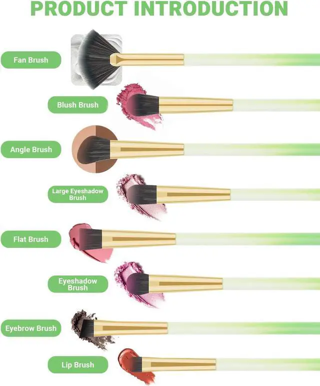Alt view image 2 of 7 - Eye Makeup Brush Set, 8 Pcs Update Synthetic Eyeshadow Brush Angled Eyebrow Brush Lip Brush with 3Pcs Powder Puffs and Green Case