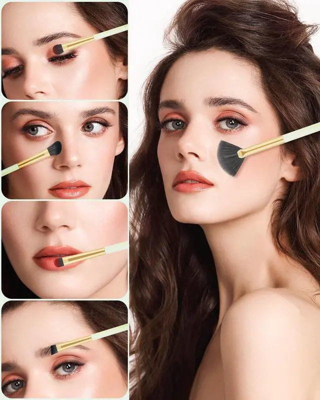 Alt view image 5 of 7 - Eye Makeup Brush Set, 8 Pcs Update Synthetic Eyeshadow Brush Angled Eyebrow Brush Lip Brush with 3Pcs Powder Puffs and Green Case