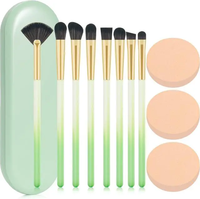 Main image of Eye Makeup Brush Set, 8 Pcs Update Synthetic Eyeshadow Brush Angled Eyebrow Brush Lip Brush with 3Pcs Powder Puffs and Green Case