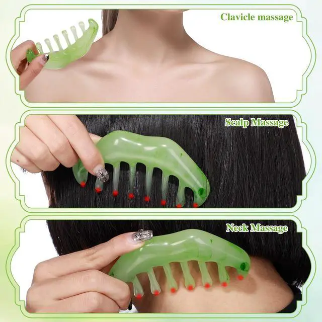 Alt view image 3 of 7 - Geiserailie 2 Pcs Jade Combs Gua Sha Stone Scalp Massage Tool | Face Body Skin Hair Massage,Esthetician Supplies,Gifts for Women,Caring Therapy Tools