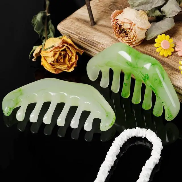 Alt view image 6 of 7 - Geiserailie 2 Pcs Jade Combs Gua Sha Stone Scalp Massage Tool | Face Body Skin Hair Massage,Esthetician Supplies,Gifts for Women,Caring Therapy Tools