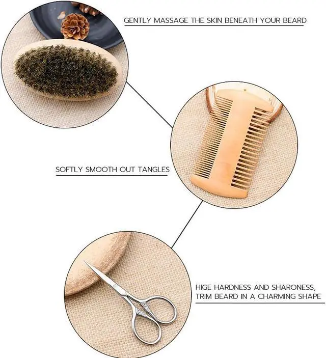 Alt view image 2 of 7 - Hair Dough Beard Brush & Comb, Scissors Set for Men, Set Includes Soft Boar Bristle Brush, Bamboo Wide Tooth Comb, and Mustache Trimming Scissors, Straighten & Soften Your Beard