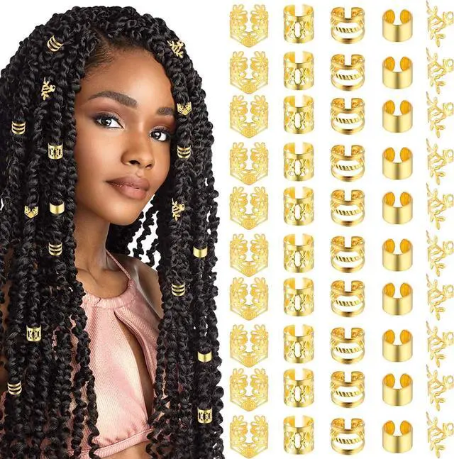 Main image of Tyqour 50pcs Gold Hair Jewelry for Braids Accessories Loc Jewelry for Hair Dreadlocks Adjustable Hair Rings Hair Cuff Hair Charms Braid Jewelry Hair Beads Decorations for Men Women