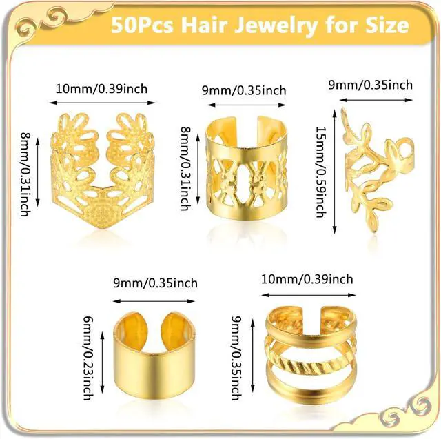 Alt view image 3 of 7 - Tyqour 50pcs Gold Hair Jewelry for Braids Accessories Loc Jewelry for Hair Dreadlocks Adjustable Hair Rings Hair Cuff Hair Charms Braid Jewelry Hair Beads Decorations for Men Women