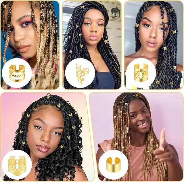 Alt view image 2 of 7 - Tyqour 50pcs Gold Hair Jewelry for Braids Accessories Loc Jewelry for Hair Dreadlocks Adjustable Hair Rings Hair Cuff Hair Charms Braid Jewelry Hair Beads Decorations for Men Women