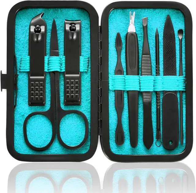Main image of HANTEKAS Manicure Set 9 in 1 Stainless Steel, Nail Clippers Scissors Pedicure Tools Kit - Portable Travel Grooming Kit for Men and Women with Black/Blue Leather Case (Blue)