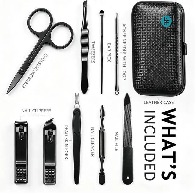 Alt view image 2 of 7 - HANTEKAS Manicure Set 9 in 1 Stainless Steel, Nail Clippers Scissors Pedicure Tools Kit - Portable Travel Grooming Kit for Men and Women with Black/Blue Leather Case (Blue)