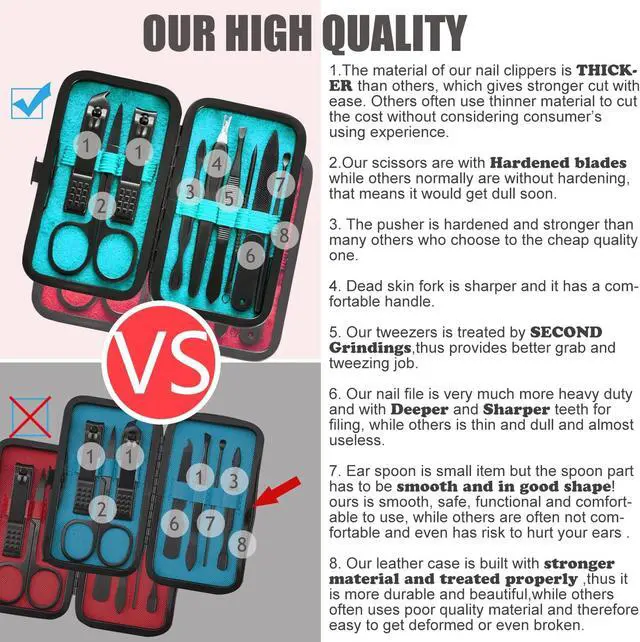 Alt view image 3 of 7 - HANTEKAS Manicure Set 9 in 1 Stainless Steel, Nail Clippers Scissors Pedicure Tools Kit - Portable Travel Grooming Kit for Men and Women with Black/Blue Leather Case (Blue)
