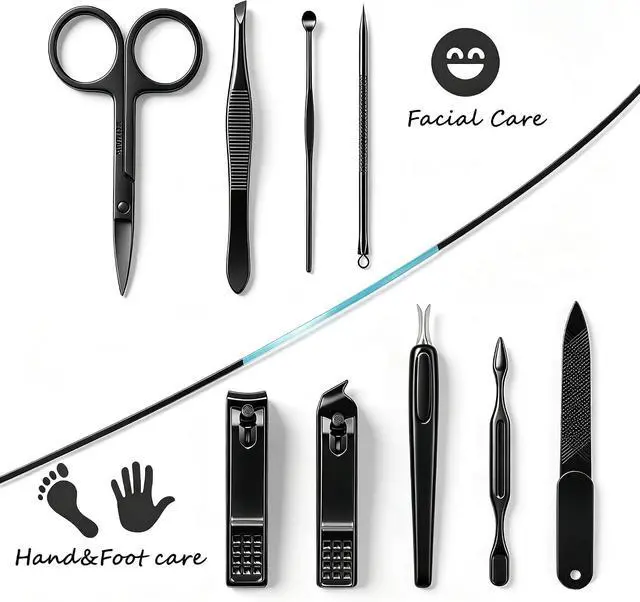 Alt view image 5 of 7 - HANTEKAS Manicure Set 9 in 1 Stainless Steel, Nail Clippers Scissors Pedicure Tools Kit - Portable Travel Grooming Kit for Men and Women with Black/Blue Leather Case (Blue)