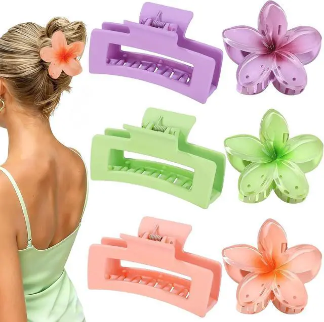 Main image of Flower Hair Clips for Women, Square Claw Clips for Girls 6 PCS - Purple | 2 Styles Hair Claw Clips for Thick or Thin Hair Hawaiian Hibiscus Rectangle Large Plumeria Medium Hair Accessories for Women