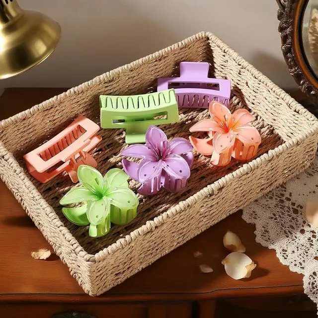 Alt view image 2 of 7 - Flower Hair Clips for Women, Square Claw Clips for Girls 6 PCS - Purple | 2 Styles Hair Claw Clips for Thick or Thin Hair Hawaiian Hibiscus Rectangle Large Plumeria Medium Hair Accessories for Women