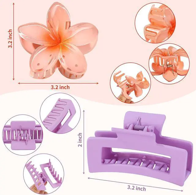 Alt view image 3 of 7 - Flower Hair Clips for Women, Square Claw Clips for Girls 6 PCS - Purple | 2 Styles Hair Claw Clips for Thick or Thin Hair Hawaiian Hibiscus Rectangle Large Plumeria Medium Hair Accessories for Women