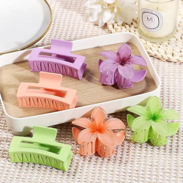 Alt view image 4 of 7 - Flower Hair Clips for Women, Square Claw Clips for Girls 6 PCS - Purple | 2 Styles Hair Claw Clips for Thick or Thin Hair Hawaiian Hibiscus Rectangle Large Plumeria Medium Hair Accessories for Women