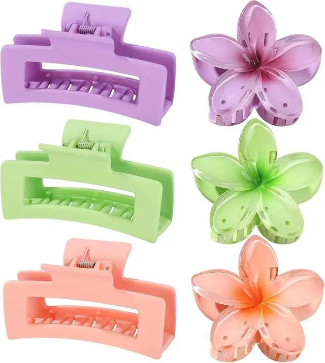 Alt view image 7 of 7 - Flower Hair Clips for Women, Square Claw Clips for Girls 6 PCS - Purple | 2 Styles Hair Claw Clips for Thick or Thin Hair Hawaiian Hibiscus Rectangle Large Plumeria Medium Hair Accessories for Women
