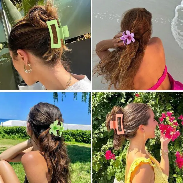 Alt view image 6 of 7 - Flower Hair Clips for Women, Square Claw Clips for Girls 6 PCS - Purple | 2 Styles Hair Claw Clips for Thick or Thin Hair Hawaiian Hibiscus Rectangle Large Plumeria Medium Hair Accessories for Women
