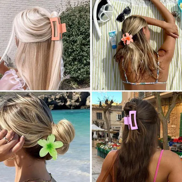 Alt view image 5 of 7 - Flower Hair Clips for Women, Square Claw Clips for Girls 6 PCS - Purple | 2 Styles Hair Claw Clips for Thick or Thin Hair Hawaiian Hibiscus Rectangle Large Plumeria Medium Hair Accessories for Women