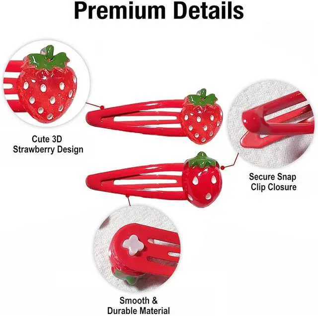 Alt view image 3 of 7 - Strawberry Hair Clip - 4Pcs Red Metal Snap Fruit Hair Clips Hair Barrettes Cute Strawberry Hair Accessories for Girls Toddlers Kids and Teens Gifts