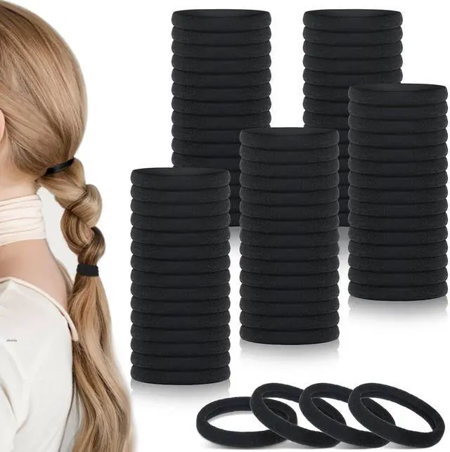 Main image of obeoby 100Pcs Hair Ties for Thick Hair, Seamless Elastic Ponytail Holders | Nylon Hair Ties,Bulk Black Hair Bands,Stretchy Hold, Gentle On Hair, For Daily Wear, Sports, Travel