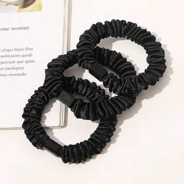 Alt view image 5 of 7 - Satin, Silk Hair Ties Black Small Mini Scrunchy for Women Thick Hair Accessories Cute Soft No Slip Hair Elastics Ponytail Holder for Curly Hair No Damage Hairties Gift for Girls