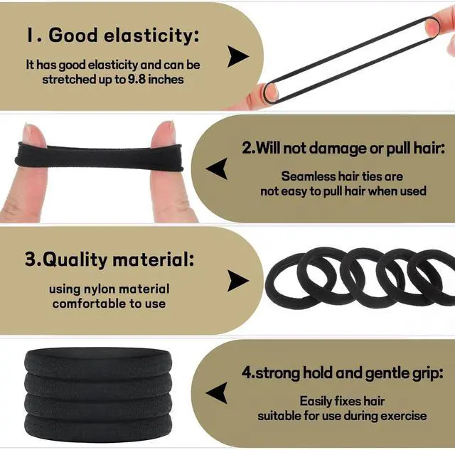 Alt view image 3 of 7 - obeoby 100Pcs Hair Ties for Thick Hair, Seamless Elastic Ponytail Holders | Nylon Hair Ties,Bulk Black Hair Bands,Stretchy Hold, Gentle On Hair, For Daily Wear, Sports, Travel