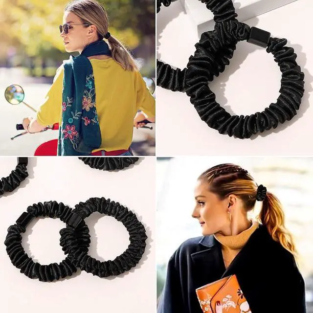 Alt view image 6 of 7 - Satin, Silk Hair Ties Black Small Mini Scrunchy for Women Thick Hair Accessories Cute Soft No Slip Hair Elastics Ponytail Holder for Curly Hair No Damage Hairties Gift for Girls