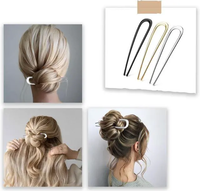Alt view image 6 of 7 - 3Pcs Metal U-Shaped Twist Hair Pins for Thick Hair, 5.5 Inch | French Style Bun Pins for Women, Ideal for Updo Hairstyles, Secure Hold, No Crease, Classic Hair Accessories