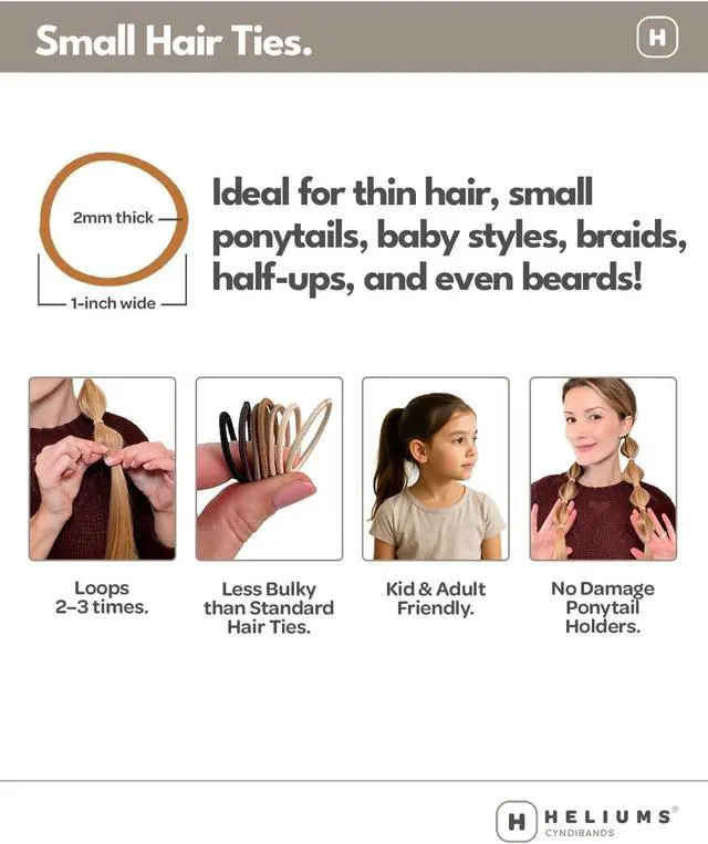Alt view image 4 of 7 - Heliums Small Hair Ties - Black - No Damage Mini 1 Inch Reusable 2mm Elastics for Thin Hair and Kids, Neutral Ponytail Holders - 48 Count