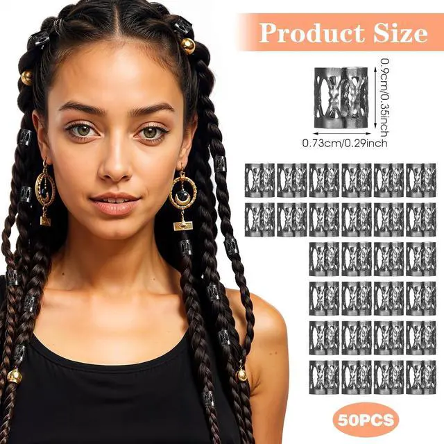 Alt view image 2 of 7 - 50 Pcs Black Dreadlock Beads Braids Accessories Metal Tube Beads Dreadlock Hair Clips Adjustable Hair Cuff Braids Bead