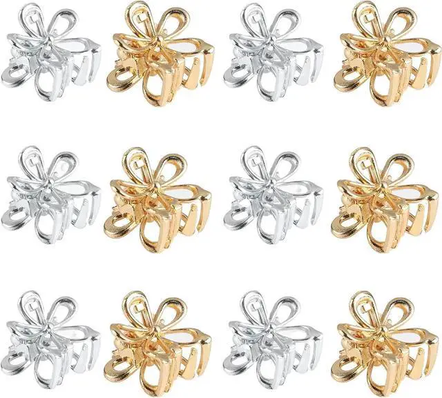 Main image of Gold Sliver Small Flower Hair Clips for Women, Cute Mini Tiny Little Sparkling Metal Flower Sweet Artificial Bangs Nonslip Hair Claw Clips Decorative (12)