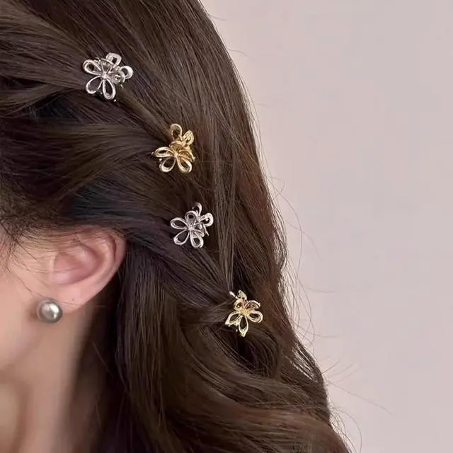 Alt view image 2 of 7 - Gold Sliver Small Flower Hair Clips for Women, Cute Mini Tiny Little Sparkling Metal Flower Sweet Artificial Bangs Nonslip Hair Claw Clips Decorative (12)