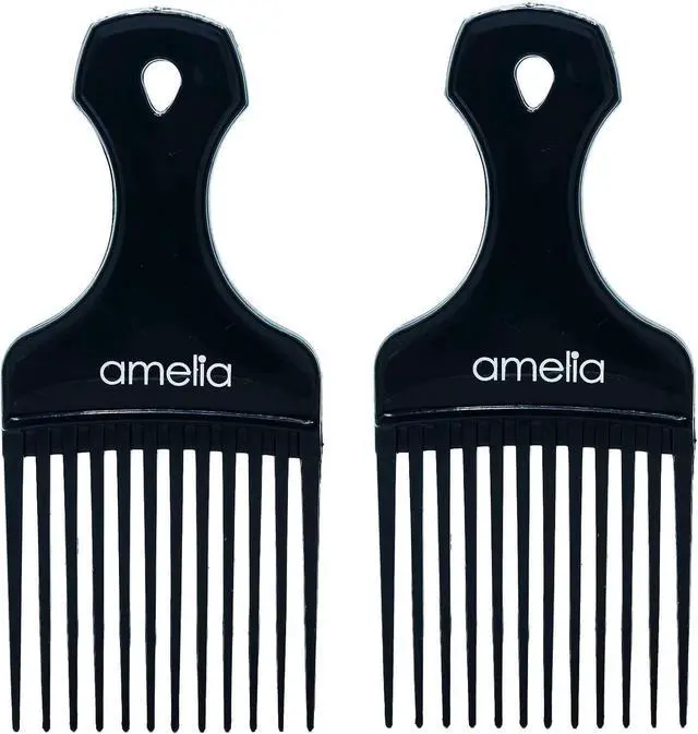 Main image of Amelia Beauty, 7in Black Curly Hair Wide Tooth Pick, 2 Pack | Made in USA | Easily Creates Volume, Detangles, Reduces Frizz | Afro Pick Styling Tool, 7"x3"