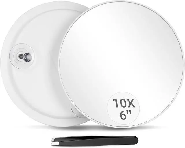 Main image of 10X Magnifying Mirror with 3 Suction Cups - 6inch Stick on Makeup Mirror | 10X Travel Magnified Mirror, Portable Handheld Magnification Mirror and Slanted Tweezers Set for Travel, Makeup, Bathroom