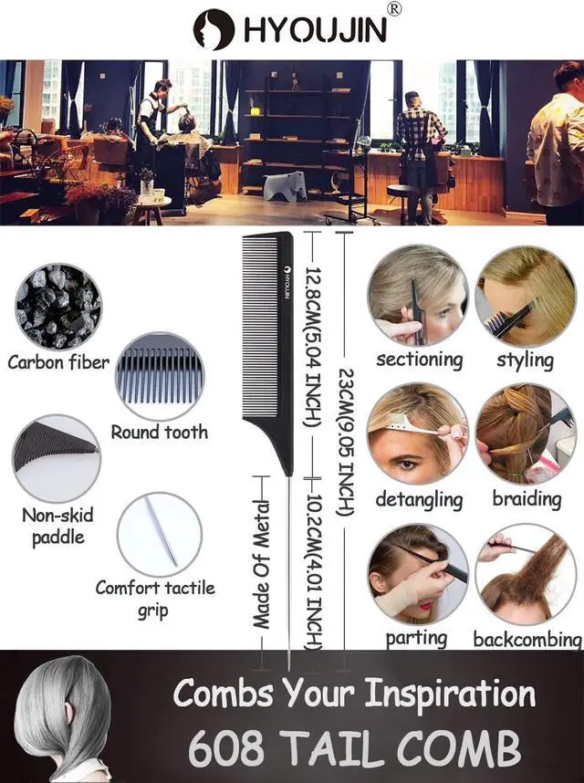 Alt view image 7 of 7 - HYOUJIN Carbon Hair Rat Tail Combs - Parting & Detangling Combs for Women | Parting rat tail combs For Long,Short,Curly,for Hair Parting,Braiding,Teasing,Detangling,Fine Tooth with metal pick,Black