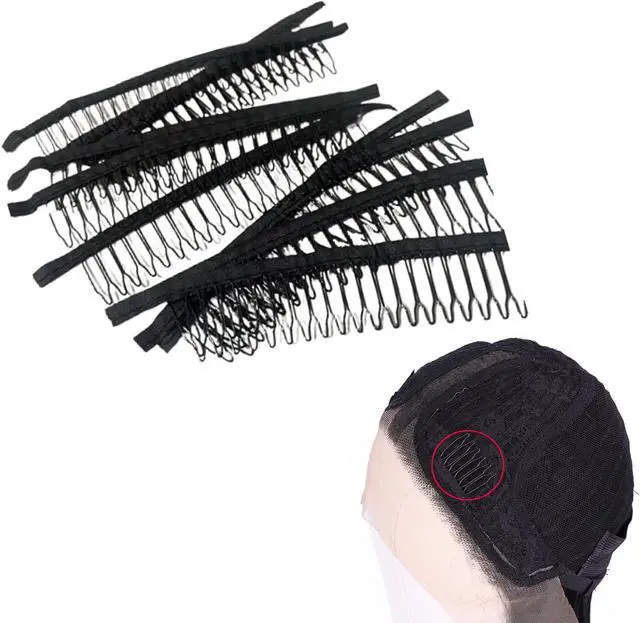 Alt view image 4 of 6 - 10 Pack Wig Comb Long 20 Teeth Clips Black Wire with Cloth Sewing Combs Wearing Holder for Wig Caps Making Finished Wigs Secure Attachment Hairpiece DIY Hair Extension