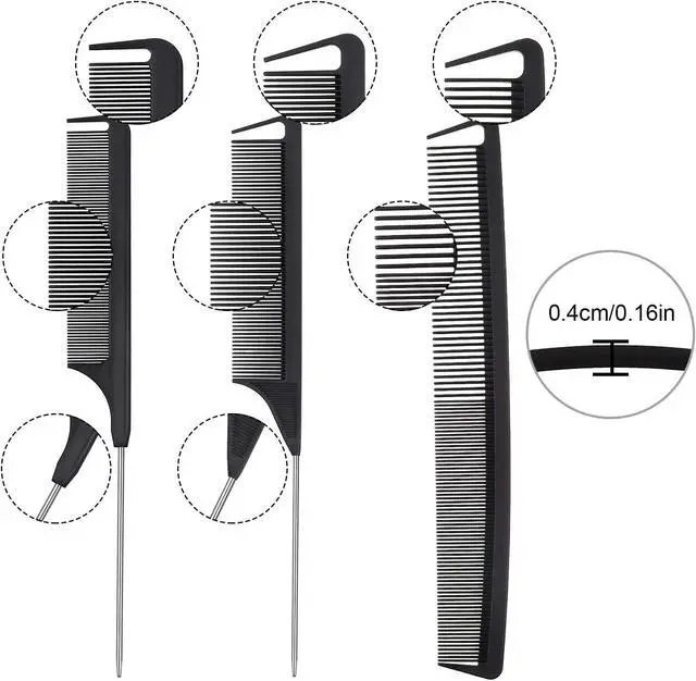 Alt view image 2 of 7 - Patelai 12 Pcs Rat Tail Combs Set Parting Comb for Braiding Fine Tooth Combs with Steel Pintail Heat Resistant Teasing Hair Tools for Women Salon Hair (Black)