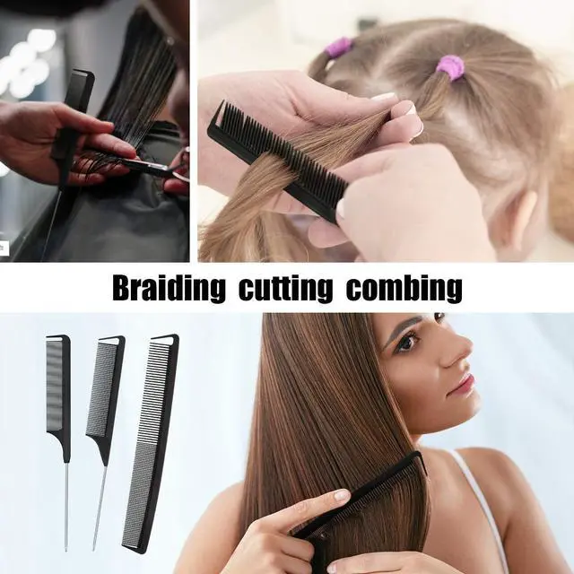 Alt view image 5 of 7 - Patelai 12 Pcs Rat Tail Combs Set Parting Comb for Braiding Fine Tooth Combs with Steel Pintail Heat Resistant Teasing Hair Tools for Women Salon Hair (Black)