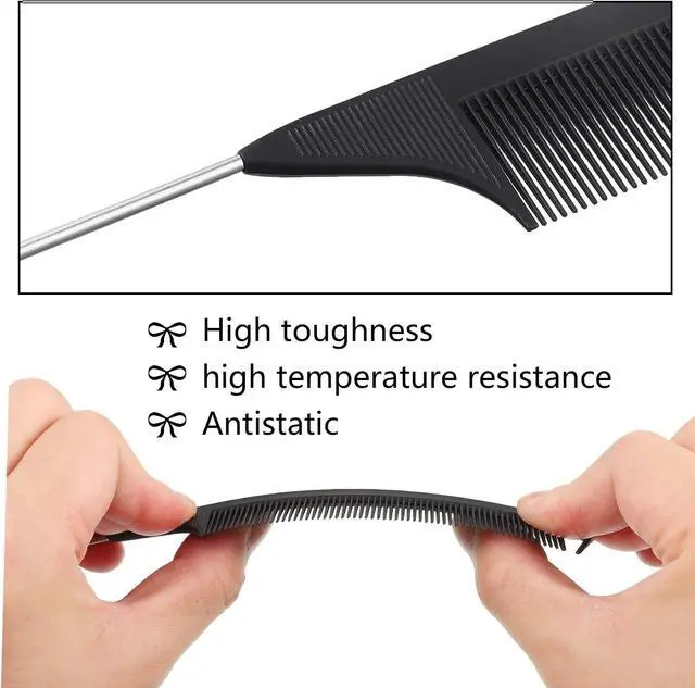 Alt view image 3 of 7 - Patelai 12 Pcs Rat Tail Combs Set Parting Comb for Braiding Fine Tooth Combs with Steel Pintail Heat Resistant Teasing Hair Tools for Women Salon Hair (Black)