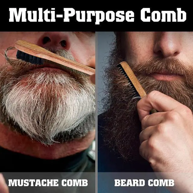 Alt view image 3 of 6 - 2-in-1 Beard Comb & Brush - Mustache & Beard Comb for Men. Handcrafted from Solid Wood, Buffalo Horn, and Cow Tail Hair. Comes in a Box, Perfect for Gifting.