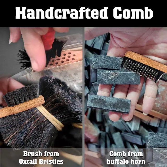 Alt view image 2 of 6 - 2-in-1 Beard Comb & Brush - Mustache & Beard Comb for Men. Handcrafted from Solid Wood, Buffalo Horn, and Cow Tail Hair. Comes in a Box, Perfect for Gifting.