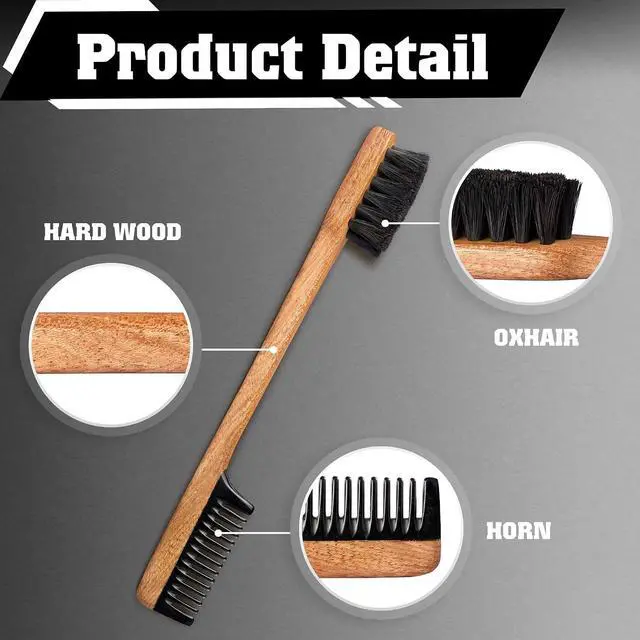 Alt view image 5 of 6 - 2-in-1 Beard Comb & Brush - Mustache & Beard Comb for Men. Handcrafted from Solid Wood, Buffalo Horn, and Cow Tail Hair. Comes in a Box, Perfect for Gifting.